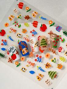 一款卡通美甲贴纸，采用激光浮雕技术，可爱俏皮的手绘风格，图案包括兔子、松鼠、苹果、花朵等，适合个人DIY和美甲沙龙使用。 - 彩色 - 查看 2