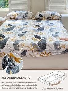 1pc Tree Branch, Leaf & Flower Pattern Fitted Sheet, Mattress Protector, Christmas Bedding, Soft & Breathable, Fits Various Bed Sizes, Christmas Gift