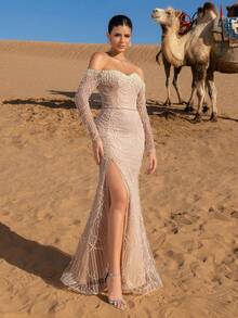 Elisanya Haute Glamour 奢华串珠露肩晚礼服,搭配开衩鱼尾下摆和透视袖 - 光滑亮片设计,适合婚礼、红毯活动、晚礼服以及女士奢侈品牌合作款