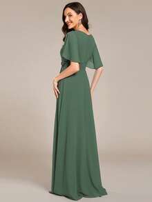 优雅刺绣荷叶袖褶皱雪纺伴娘礼服、正式礼服、婚礼宾客礼服 - 橄欖綠 - 查看 4