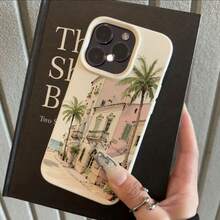 1pc TPU Material Tropical Scenery European Coastal Architecture Palm Tree Pattern Phone Case Compatible With IPhone/ - White - View 2