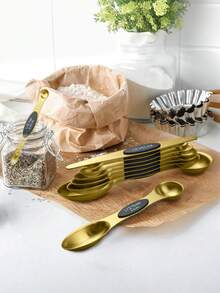 Double Sided Teaspoon Tablespoon Measuring Spoons: Magnetic Measuring Spoons Set With Leveler, Stainless Steel Baking & Cooking Measure Scoop Set Of 9, Metal Kitchen Measurement Utensil For Dry And Liquid Ingredients - Kitchen Supplies - Baking Tools, Silver/Gold