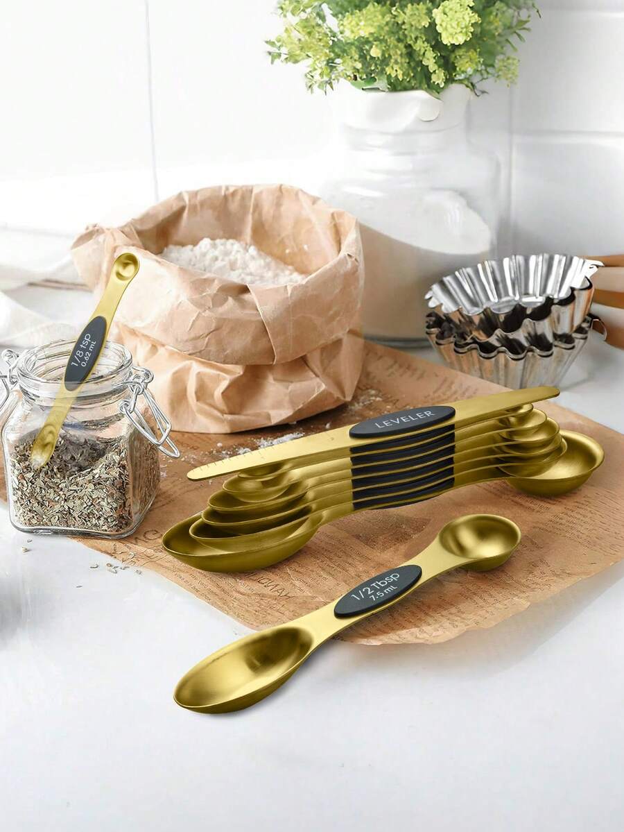 Double Sided Teaspoon Tablespoon Measuring Spoons: Magnetic Measuring Spoons Set With Leveler, Stainless Steel Baking & Cooking Measure Scoop Set Of 9, Metal Kitchen Measurement Utensil For Dry And Liquid Ingredients - Kitchen Supplies - Baking Tools, Silver/Gold