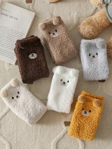 1/5 Pairs White Bear Coral Fleece Socks, Thick Warm Cartoon Socks For Home Wear In Winter, Cozy - Khaki - View 5