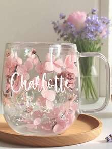 Ręcznie robione szklane kubki z prawdziwymi suszonymi kwiatami, personalizowany szklany kubek z motywem kwiatowym, zestaw naczyń botanicznych z niestandardowym tekstem imienia, kubek do kawy i herbaty, dom i styl życia, nawiedz swój dom, pamiątki