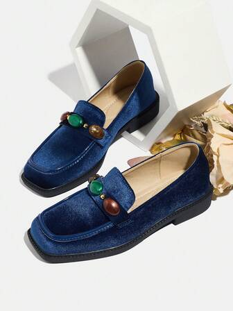 Women's Retro Commuter 2025 Autumn/Winter New Blue Square Toe Suede British Style Low Heel Casual Slip-On Loafers