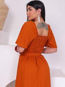 Women's Long Dress In Um Duna Fabric With A More Elaborate Design And A Belted Cup - Camel - View 4