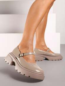 Mary Jane Shoes With Thick Soles And Strap - Beige - View 1