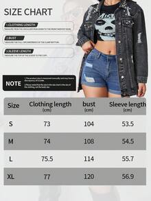 Pearl Beaded Button Open Long Sleeve Mid-Length Denim Jacket - Dark Grey - View 8