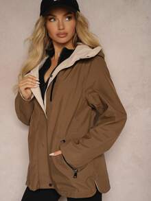Women Drawstring Waist Reversible Hooded Parka Jacket - Brown - View 1