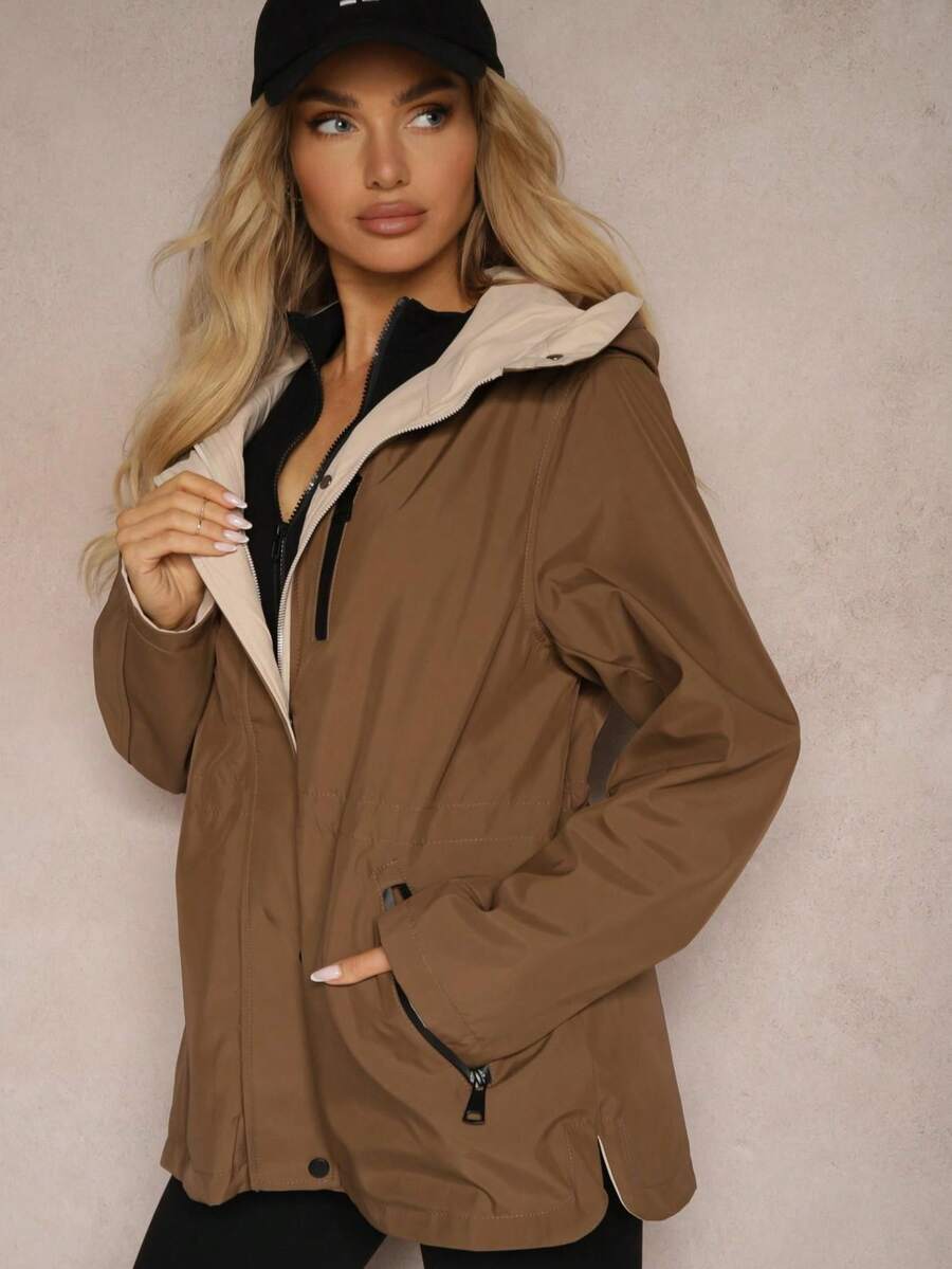 Women Drawstring Waist Reversible Hooded Parka Jacket - Brown - View 1