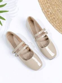 女式复古玛丽珍平底鞋，双带设计，适合所有季节 - 杏色 - 查看 2