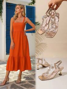 新年水钻凉鞋，时尚厚实中跟和水晶透明鞋跟，高跟舞鞋，适合青少年，学校风格，高跟舞鞋 - 金色 - 查看 1