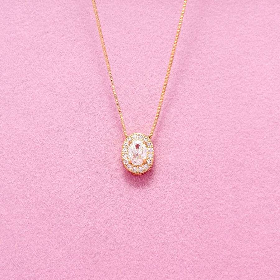 Stylish Women's Necklace With A Colorful Oval Pendant Studded With Imported Zirconias. Made Of 925 Silver Or 18K Gold. - Branco (ouro) - 查看 1