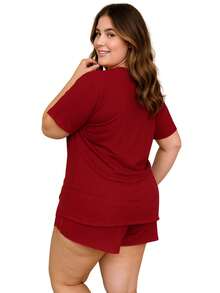 Plus Size Ribbed Suede Pajamas, Blouse And Shorts, Juliana 50 52 54 56 - Red - View 2