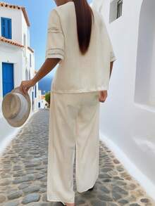 Women's Two Pieces Set, Casual And Elegant Vertical Striped Round Neck T-Shirt With Short Sleeves And Pants, Bohemian Style Linen Fabric Back To School Clothing, Perfect For Casual Clothing Sets, Fashionable Tops&Pants 