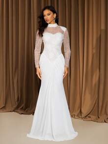 Elegantes weißes Hochzeitskleid mit Stehkragen, Langarm, Pailletten-Patchwork und Chiffon - Weiss - Übersicht 6