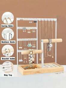 1pc Elegant Jewelry Organizer, 4-Tier Earring Holder With 48 Holes, 6 Hooks Necklace Organizer, Stylish Wood Box For Bracelets & Rings, Perfect Mother's Day Gifts For Women, Preppy Room Dr, Ideal For Valentine's Day, Thanksgiving, Christmas, New Year Celebrations, And Back To School Essentials, Enhance Your Space With Functional And Chic Accessories