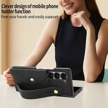 VIETAO Wristband Strap Holder Card Slot Electroplated Material Faux Leather Phone Case Compatible With Samsung Galaxy Z Fold 4 5 6 7 Phone Holder Stand Cover