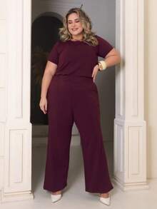 Women's Plus Size Set Of Sweatpants And Short Sleeve Top - Màu Đỏ Sâu - Xem 1