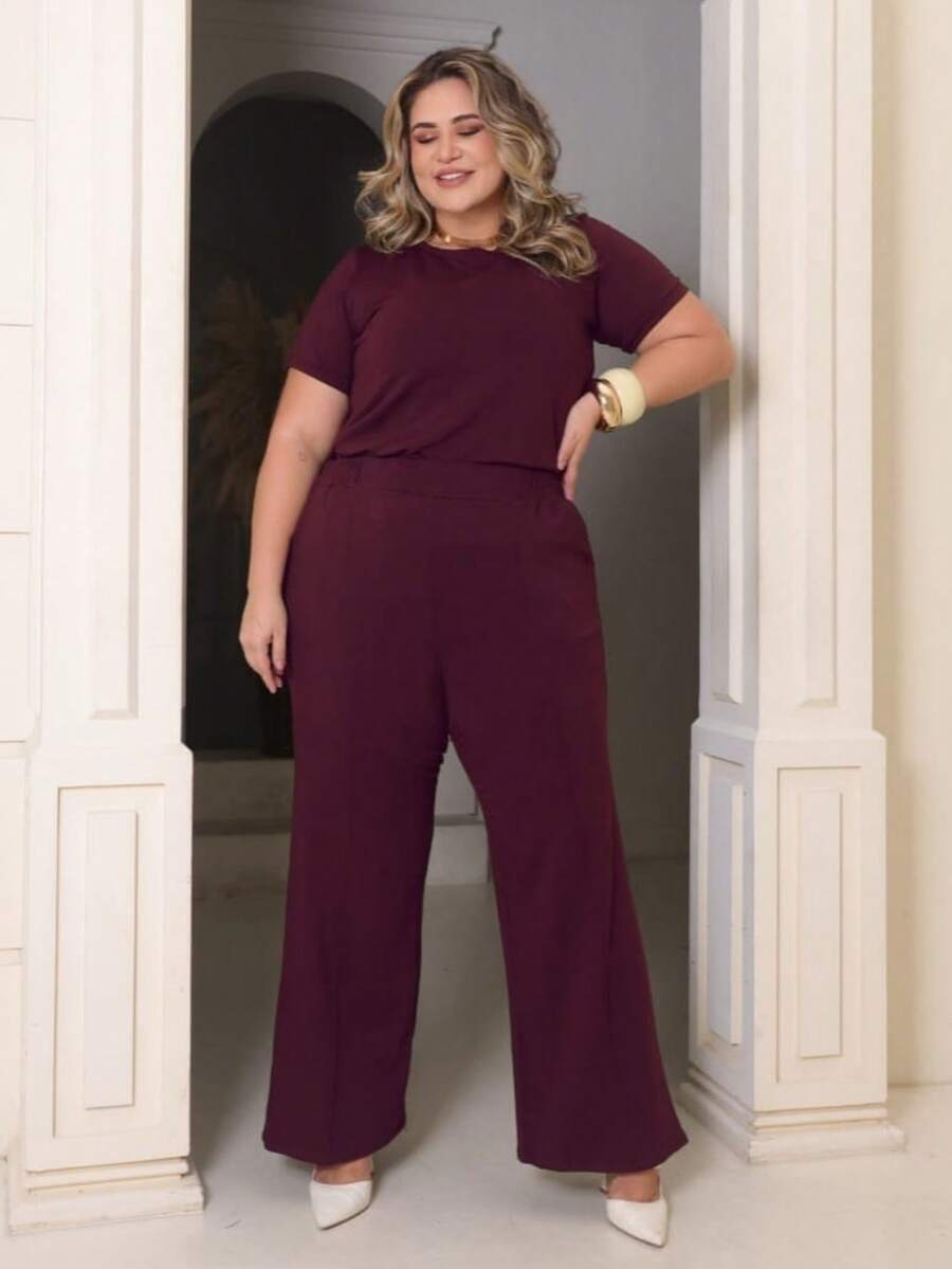 Women's Plus Size Set Of Sweatpants And Short Sleeve Top - Màu Đỏ Sâu - Xem 1