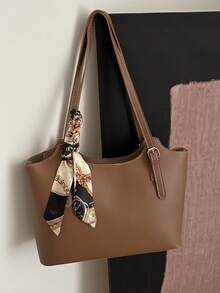 Fashionable Unique Design Shoulder Bag, Versatile With Stitching Underarm Strap, Scarf Decor, Large Capacity Book Tote Bag, Suitable For Women Commuting, Vacation, Outdoor - Brown - View 8