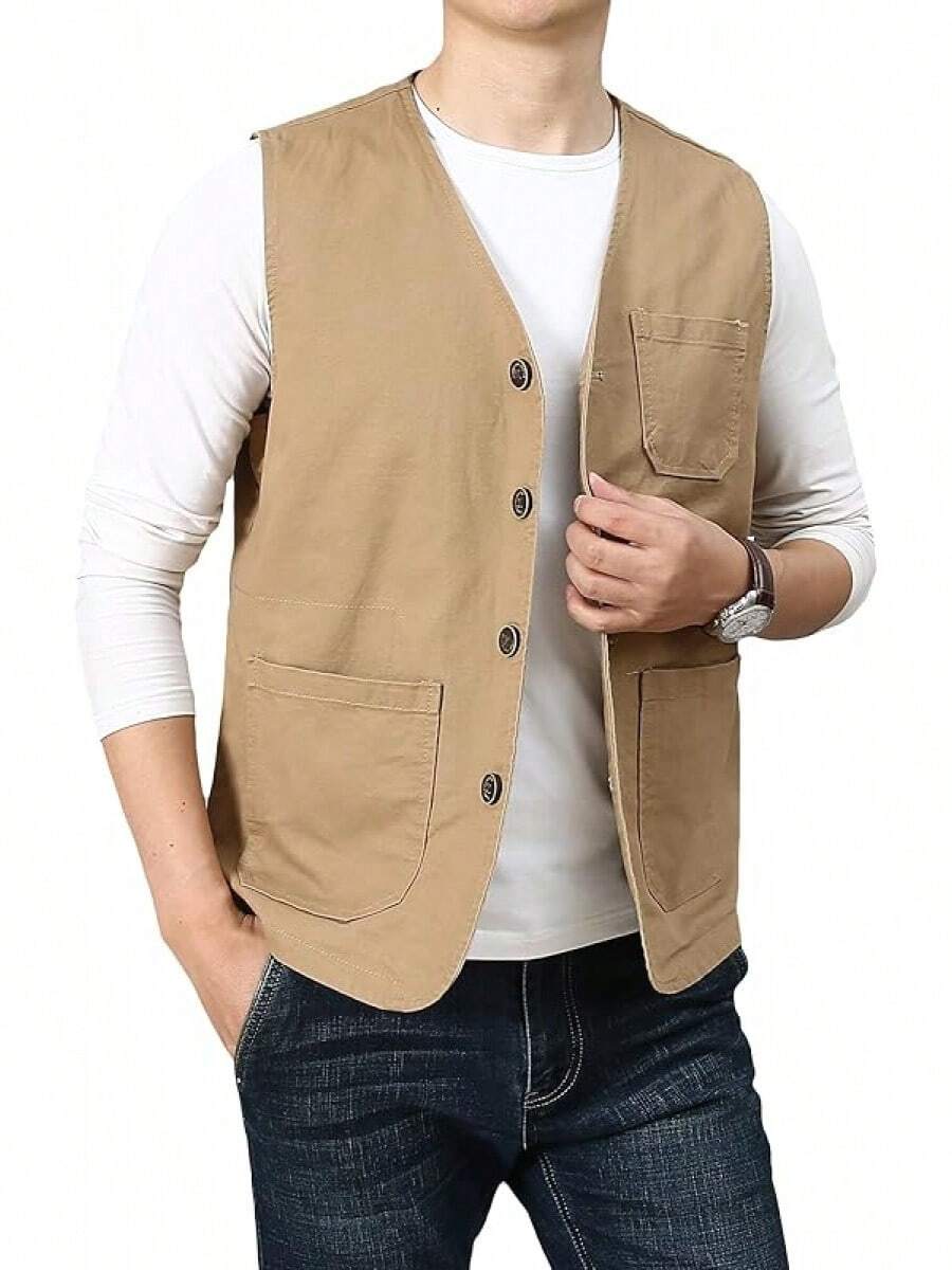 Men's Casual Outdoor Cotton Vest Lightweight Breathable Multi-Pocket Fishing Travel Vests OutwearChristmas IQWV - 02-卡其色 - 查看 1