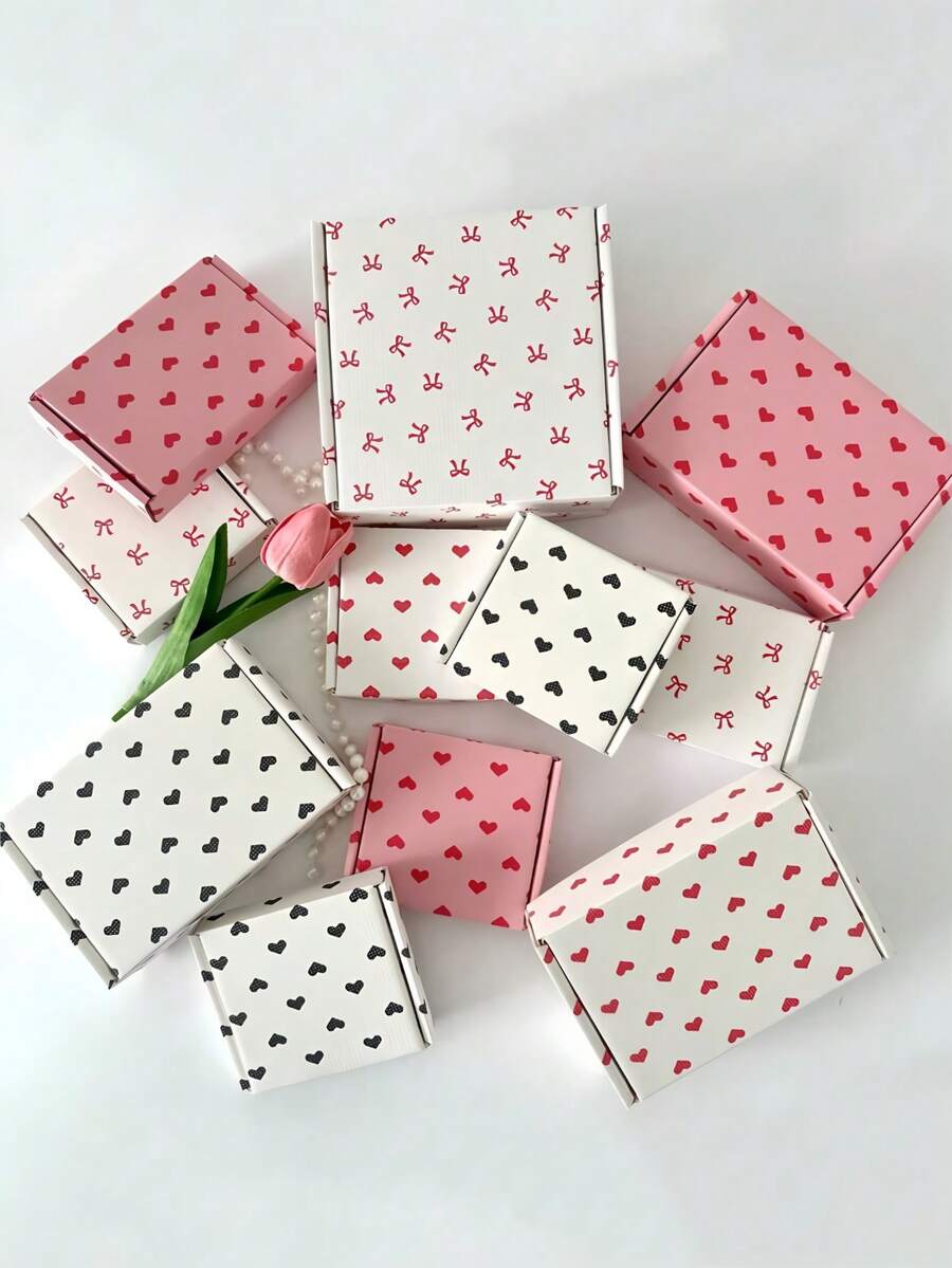 10pieces Pink Heart-Shaped Gift Boxes For Weddings, Fresh And Elegant Theme With Heart And Bow Elements,Birthdays, And Parties, Printed In Cute Corrugated Cardboard Boxes, Colorful Airplane Boxes, Pink Packaging Boxes, Armor Accessories, Card Delivery Boxes, And Paper Packaging Boxes - Multicolor - View 1