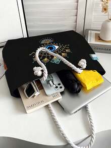 Blue Glasses Pattern Black Handbag Set Comes With Two Side Pockets,Women's Linen Large Capacity Tote Bag,Personalized Gift Bag, Women's Travel, Gift Bags,Commuting Bag And Zipper Beauty Bag,Makeup Bag, Travel Storage Bag, Suitable For Weddings, Birthdays,Holidays, It Is The Perfect Gift For Women, Mothers, Teachers, Friends, Bridesmaids, Big Bags, Students And Back To School,Suitable For Nature Enthusiasts And Women,Saudi National Day