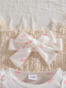 3pcs/Set Baby Girls' Cute Sweet Ruffle Shoulder, Peach Pink 3D Bow & Bow Socks & Headband Set, Autumn/Winter