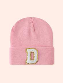 1pc Pink Children's Hat With 26 Letters, Knitted Beanie For Baby Boys And Girls, Warm For Outdoor And Daily Wear - Gold Label-pink Fluorescent Cap - View 74