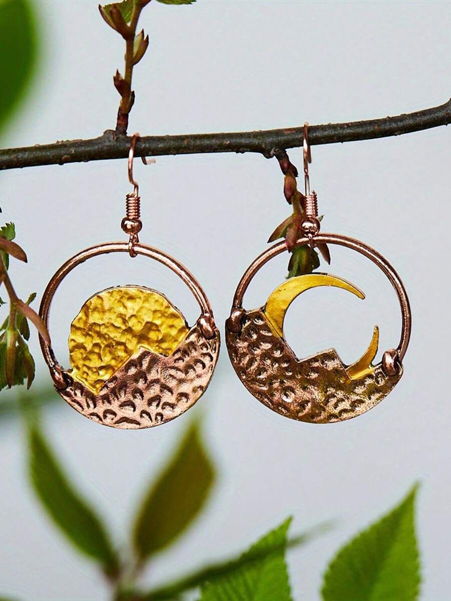 1 Paar Boho Vintage Cut Out Rund & Gebogene Mond Ohrringe - Braune Legierung Halbmond Design, leicht und bequem, für Alltag und Party, einzigartiges Geschenkidee, Boho Chic Accessoire, künstlerisches Accessoire, polierte Oberfläche
