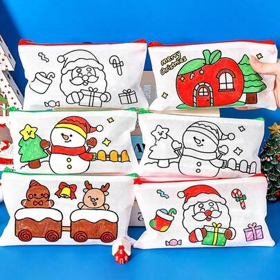 8/16/24 buc. pungi pentru pixuri din material nețesut, cu desene animate de Crăciun - model graffiti (Moș Crăciun, casă de zăpadă, ren, om de zăpadă), cadouri de petrecere, decorațiuni mici, rechizite școlare și de absolvire (culoare și stil aleatoriu)
