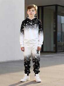 2 件套男童连帽卫衣和慢跑裤，泼墨印花，长袖，休闲，保暖，针织，时尚，适合春秋冬