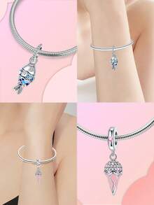 1pc Classic Petite Fashionable 925 Silver Plated Charms Including Fish, Ice Cream, Blanket, Coffee Cup, Beaded Bracelet Suitable For Daily Wear, Halloween, Parties, Girlfriend Gifts, Easter, Thanksgiving, Mother's Day