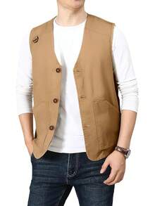 Men's Casual Outdoor Cotton Vest Lightweight Breathable Multi-Pocket Fishing Travel Vests OutwearChristmas IQWV - 03-卡其色 - 查看 2