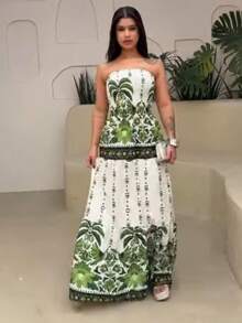Look Of Millions!!! Long Strapless Dress With Floral Print - Verde - Ver 1