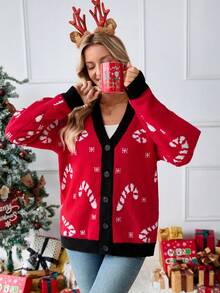 Maglione elegante e casual da donna per l'autunno e l'inverno, cardigan lavorato a maglia con blocchi di colore, pullover rosso, top a maniche lunghe adatto per uscire, abbigliamento natalizio