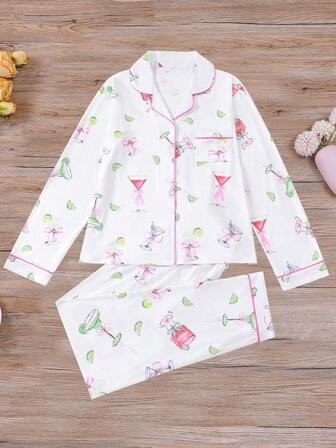 2pcs/Set Cute Lemon Wine Glass Print Women Pajama Set, Long Sleeve Lapel Top And Loose Elastic Pants, Casual Sleepwear And Loungewear For Women, All Season, Fall Winter Clothes