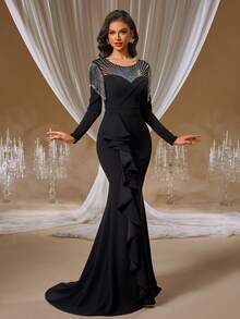 GIFORU 奢华黑色水晶刺绣礼服 - 透视领口美人鱼连衣裙，饰有流苏肩部和层叠荷叶边，适合 Met Gala 晚宴后的派对、维也纳歌剧院之夜和红毯婚礼舞会礼服 - 黑色 - 查看 8