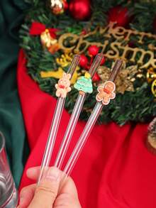 1-7PCS Cute Festive Christmas Glass Straws (Gingerbread Man, Christmas Tree, Bear & Merry Christmas Sign) ,Suitable For Iced Drinks, Afternoon Tea, Milkshakes, Smoothies, Sparkling Water, Milk Tea, Juices And Other Cold Drinks. Ideal For Beach Parties, Outdoor Picnics, Dessert Shops, Snack Bars, Party Supplies, Family Gatherings, Lead - Free & Festive, Perfect Gift For Christmas Enthusiasts. - Style a - View 3