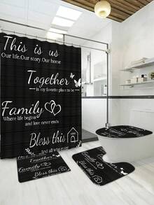 1pc/4pcs Bathroom Decoration Set: Shower Curtain With 12 Hooks, Non-Slip Bath Mat, U-Shaped Floor Mat & Round Toilet Lid Cover, Multifunctional For Bathroom