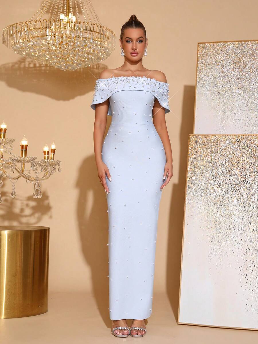 New Elegant Pearl Rhinestone Embellished Off Shoulder Backless Sleeveless Bodycon Maxi Bandage Dress, Formal Evening Gown For Women, Suitable For Formal Occasions, Birthday Party, Prom, Easter - Baby Blue - View 1