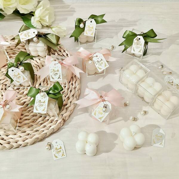 10/20 Sets Elegant Scented Bubble Candles, Soy Wax Cube Candles Aesthetic Room Decor, Small Scented Bubble Candles With Acrylic Boxes And Ribbon Tags Accessories, Wedding Favors For Guests, Baby Shower Gender Reveal Party Favors