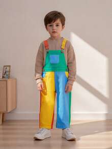 Toddler Baby Girl Boy Summer Overalls Romper Sleeveless Color Block Striped Jumpsuit Shorts Adjustble Shoulder Strap Suspender Shortalls - 綠黃藍 - 查看 4