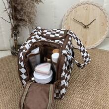 Checkered Toiletry Bag,Large Capacity Water-Proof Plaid Cosmetic Bag,Women Multi-Partitions Makeup Bag,Dust-Proof Wide-Open Puffy Organizers For Travel Accessories , Portable Travel Bag With Strap For Putting On Suitcase - 棕色 - 查看 6