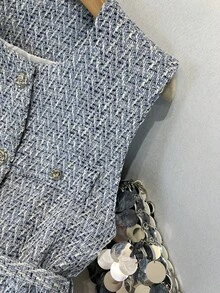 GMFP 女士优雅无袖亮片装饰背心外套，单排扣，串珠腰带，柔软斜纹软呢面料，天蓝色，适合新年/情人节穿着 - 淺藍色 - 查看 7