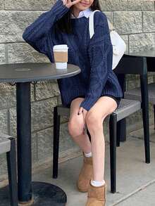 FOR BEAUTY Autumn And Winter New Round Neck Twisted Flower Long Sleeve Knitted Sweater Tops Women Loose Dark Blue Simple Fashion Commuting Style Women's Sweater Dark Blue Long Sleeve Casual Lazy Style Warm Top - Blue - View 6