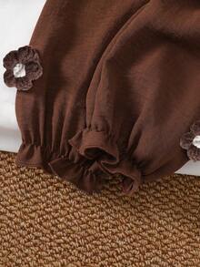 Conjunto de 2 peças de blusa e calça afunilada com gola Peter Pan e babados florais para bebês meninas, adequado para uso ao ar livre no outono/inverno - Castanho - Ver 8