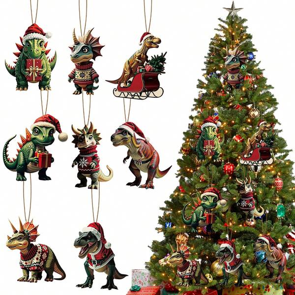 16/32 piezas Colgante de papel con temática de dinosaurio navideño - Combinación interesante de trineo, gorro de Navidad, caja de regalo y patrones de dinosaurio, colgante de papel para actividades y decoración navideña, regalos de Navidad, accesorios de decoración interior, decoraciones con temática de dinosaurio navideño, accesorios de decoración de Año Nuevo para 2026, suministros para ambiente navideño